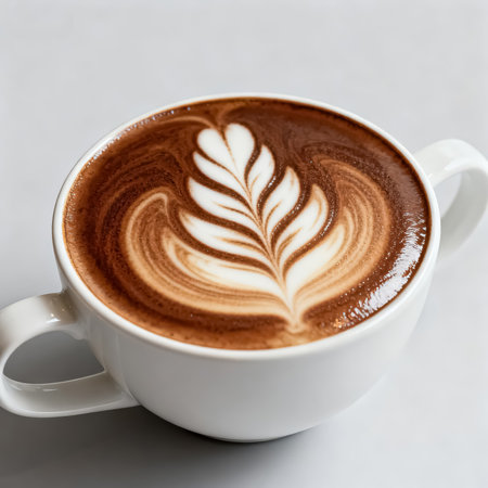 Coffee cup with latte art on the white background.の素材