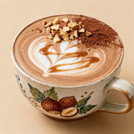 Cup of hot chocolate with whipped cream and cocoa powder on beige backgroundの素材