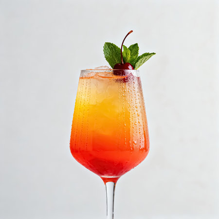 Cocktail with orange juice, cherry and mint on white backgroundの素材