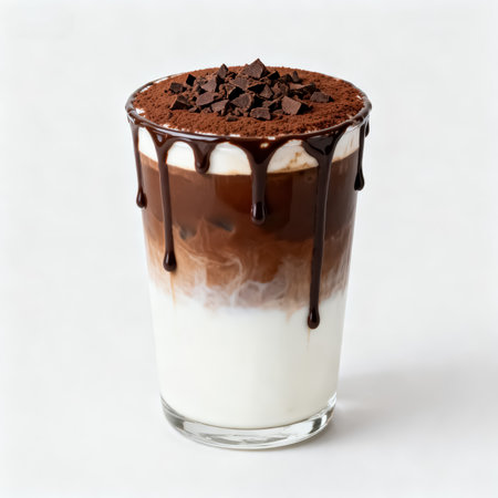 Classic tiramisu dessert in a glass with chocolate on white backgroundの素材