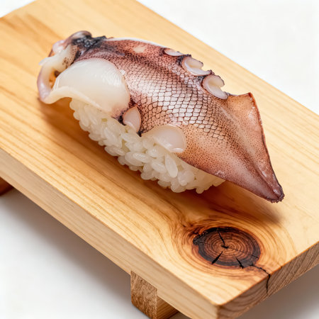 Japanese foodpus sushi on a wooden board, white backgroundの素材