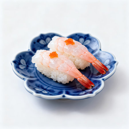 Shrimp sushi on a blue porcelain plate on a white backgroundの素材