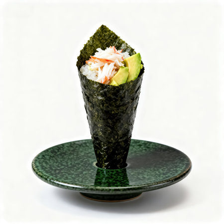 Sushi roll with salmon, avocado and tobiko caviar on a green plateの素材