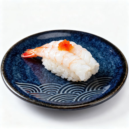 Sushi nigiri on a blue plate, isolated on white backgroundの素材