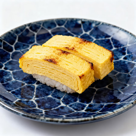 Japanese food, rice cake with egg yolk on a blue plateの素材