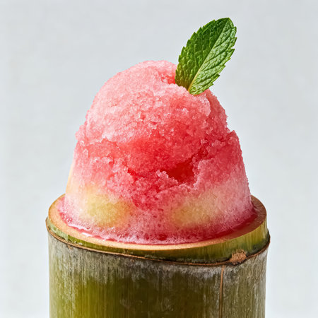 Strawberry ice cream in a bamboo tube on a white backgroundの素材