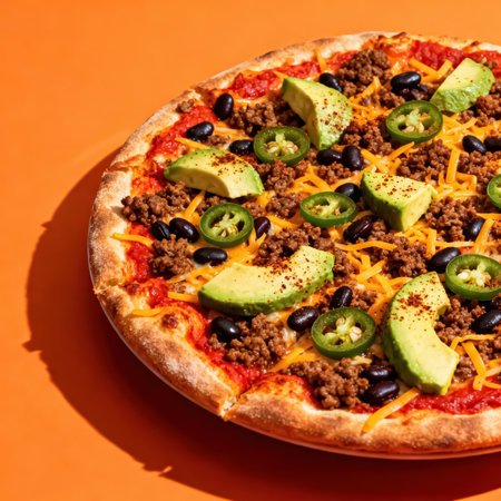 Mexican pizza with black beans, cheese, avocado and chilli pepperの素材