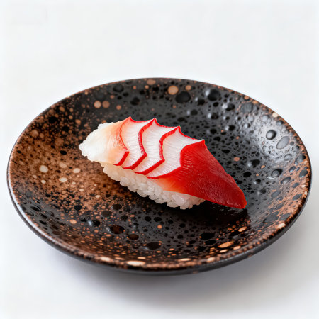 Japanese food, Salmon nigiri sushi on black plate over white backgroundの素材