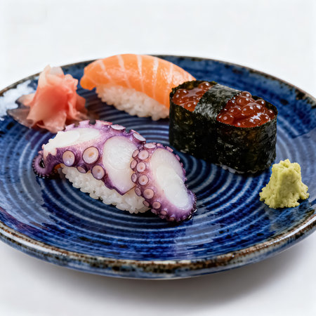 Japanese cuisine. Sushi set with salmonpus and caviar on blue plateの素材