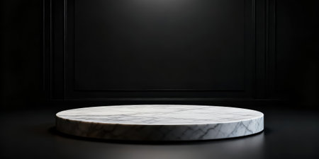 3d rendering of white marble podium on black background. Platform for product presentation.の素材
