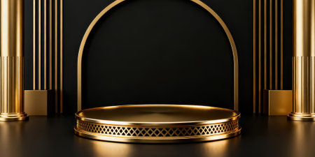 Black background with golden geometric shapes. 3d rendering, 3d illustration.の素材