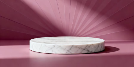 White marble pedestal on pink background. 3d render illustration.の素材