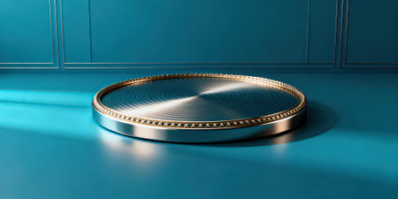 3d rendering of a golden round podium on a turquoise backgroundの素材