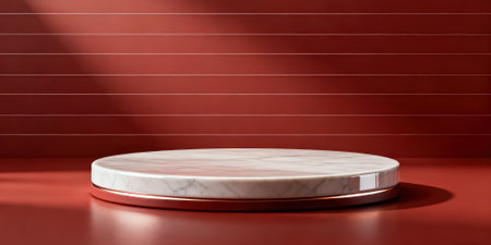 3d render of white marble podium on red background with shadow.の素材