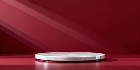 3d render of white marble podium on red background. Platform for product presentation.の素材