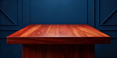 Empty wooden table on blue wall background. Mock up, 3D Renderingの素材