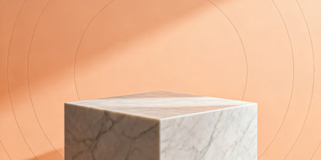 3d rendering of white marble podium with shadow on orange background.の素材