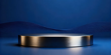 3d render, abstract dark blue background with gold podium, pedestal or platform for product presentation.の素材