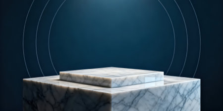 White marble podium on dark blue background, 3d rendering. Computer digital drawing.の素材