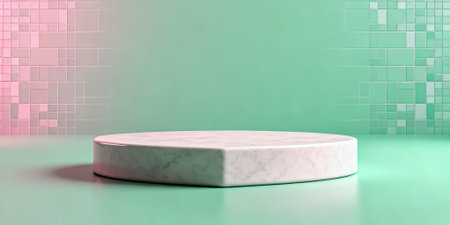 White marble podium on green background with geometric shapes. 3D renderingの素材