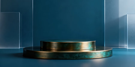 3D rendering of a golden podium on a blue background in a studio.の素材