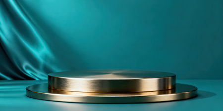 Golden podium on blue silk background with copy space. 3d renderの素材