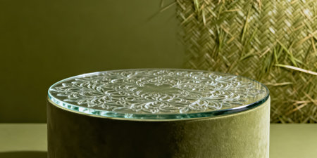 Close-up of green round glass tableware on green background.の素材