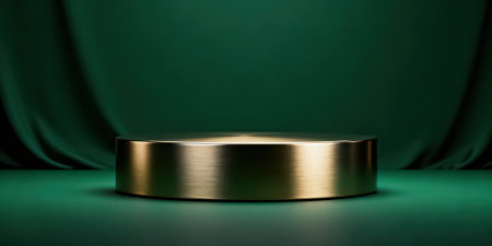 Golden podium on green velvet background. 3D rendering. Product presentation mockup.の素材