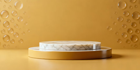 3d render, abstract minimal geometric forms. Glossy golden podium on yellow background with drops.の素材