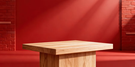 Wooden table in front of red brick wall. 3d renderingの素材
