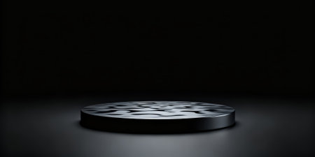 Black pedestal on a dark background. 3d rendering image.の素材