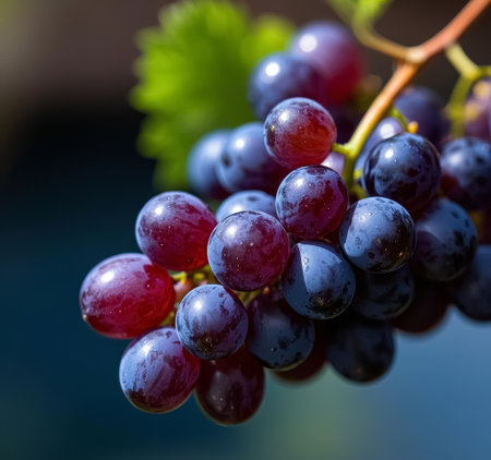 bunch of red grapes on a dark blue background with water dropsの素材