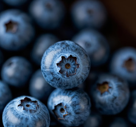 Fresh blueberries on wooden background. Shallow depth of field.の素材