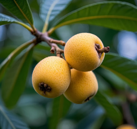Ripe loquat fruits on the tree in the garden.の素材