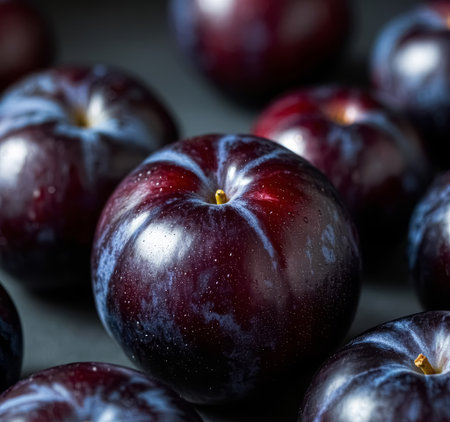 Fresh ripe plums on a dark background. Close-up.の素材