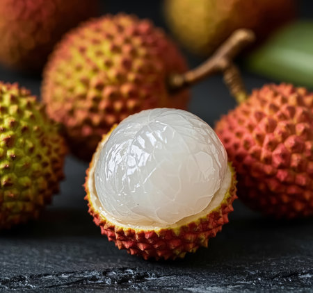Fresh lychee fruit on black stone background. Close up.の素材