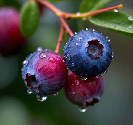 Blueberries on a branch with water droplets after a rain.の素材