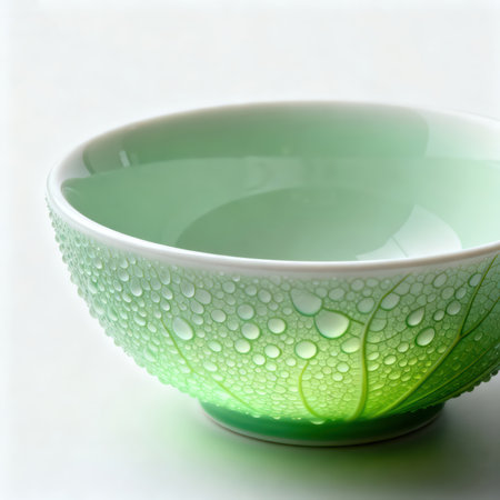 Green bowl with water drops on white background. Selective focus.の素材
