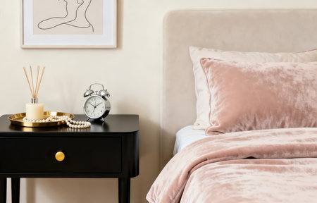 Stylish bedroom interior with pink pillows on bedside table and alarm clockの素材