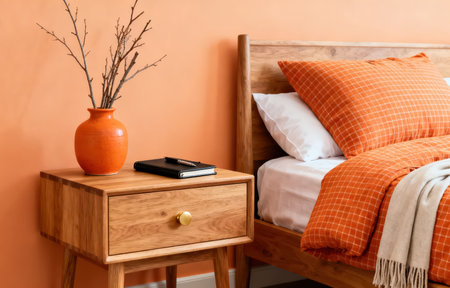 Wooden bedside table with orange pillows in bedroom interior.の素材