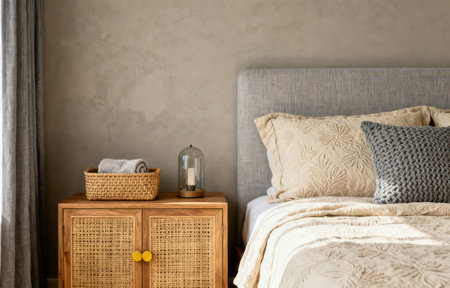 Interior of a modern bedroom with pillows and bedside tableの素材