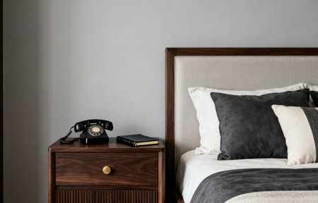 Luxury bedroom interior with wooden bedside table and black telephoneの素材