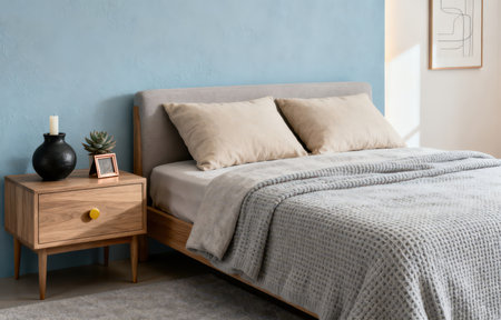 Bedroom interior with wooden bedside table and pillows, 3d renderの素材