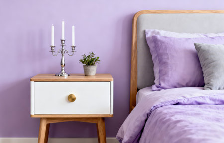 Luxury bedroom interior with bedside table, lamp and purple wallの素材