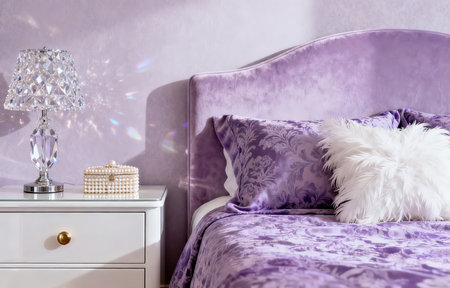 Luxury bedroom interior design with purple pillows on the bedの素材
