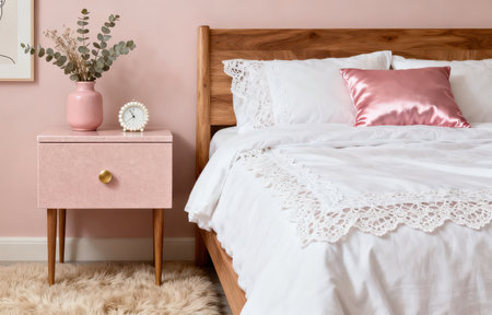 Interior of modern bedroom with pink pillows on wooden bedside tableの素材