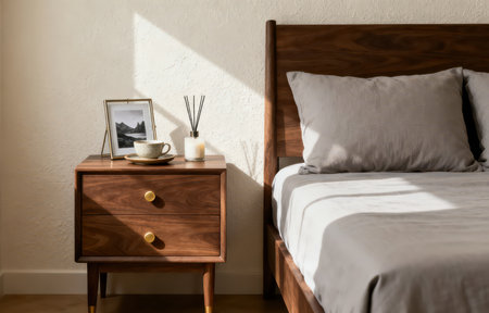 Wooden bedside table with a cup of coffee and a picture on the wallの素材