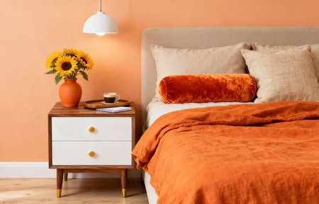 Cozy bedroom interior with orange pillows on bedside table and sunflowersの素材