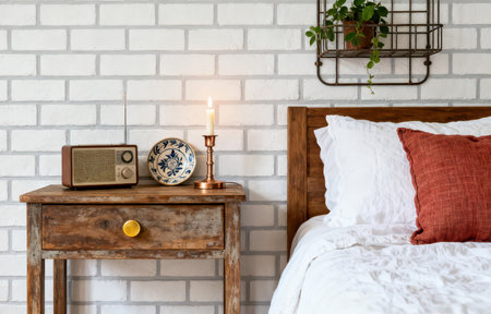 Interior of modern bedroom with wooden bed, lamp and retro radioの素材