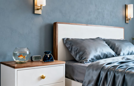 Luxury bedroom interior design with goldfish on the bedside tableの素材